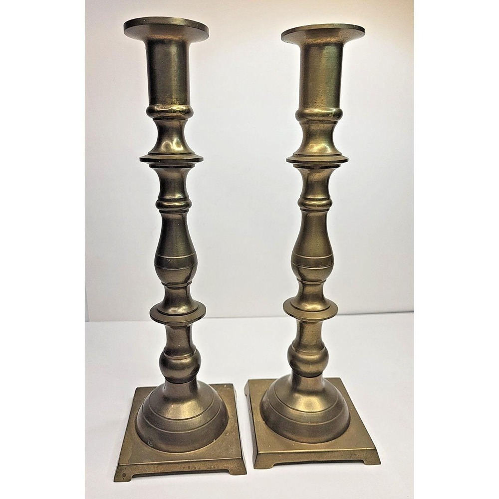 Pair 12" Solid Brass Decorative Candlesticks Square Base Hong Kong Vintage